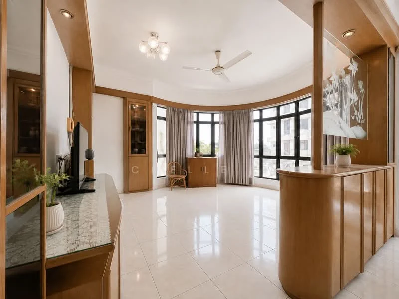 Living features: white painted walls, marble tile flooring, tray ceiling, 5-blade ceiling fan, floor-to-ceiling windows, curtains, built-in cabinetry, decorative wall art, TV console, wooden desk, chair, greenery in pot; style: modern.