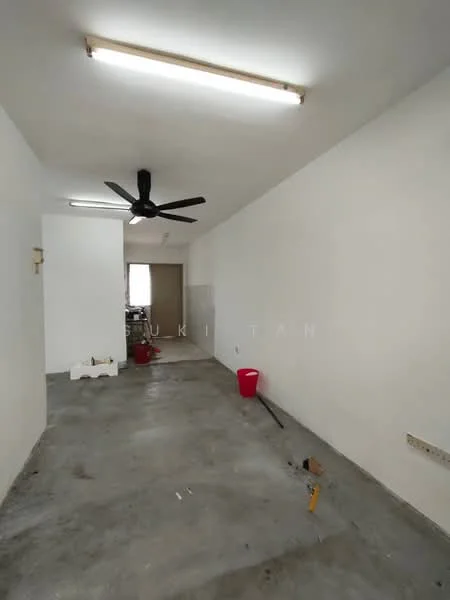 Room features: white painted walls, concrete flooring, 5-blade ceiling fan, fluorescent ceiling lights, window with natural light, red bucket, tools on the floor; style: minimalist.