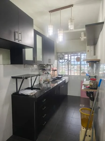 Kitchen features: black cabinetry with glass-front upper cabinets, stainless-steel sink, chrome pull-down faucet, 4-burner gas hob, built-in oven, white tiled backsplash, grey tiled flooring, ceiling-mounted light fixtures, window with city view, kitchen island with storage, wall-mounted clock, open shelving, basket for storage; style: modern; view: city.