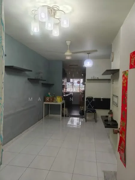 Room features: white tiled flooring, grey painted accent wall, white painted walls, ceiling light fixture, ceiling fan, open shelving on walls, small dining table, single chair, wall-mounted air conditioning unit; style: modern.
