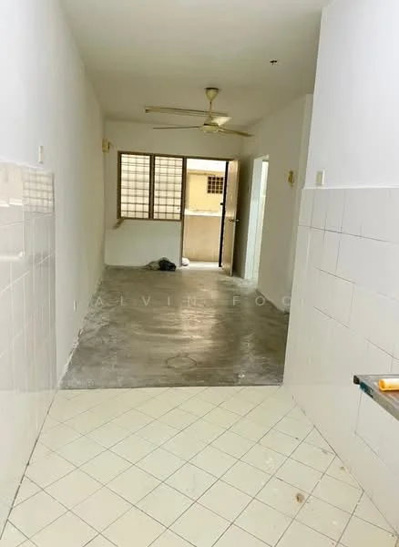 Room features: white painted walls, grey concrete flooring, ceiling fan, window with grid design, door leading outside, tile flooring, unfinished space, light fixtures; style: minimalist.