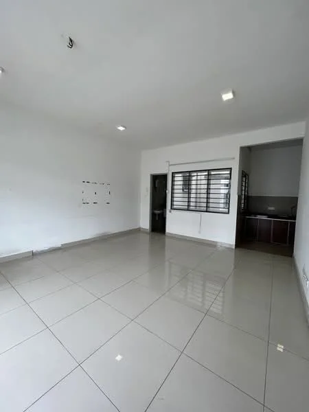 Living features: white painted walls, glossy ceramic tile flooring, recessed downlights, large window with security bars, open layout, neutral color scheme, no visible furniture, corner access to kitchen area; style: modern.