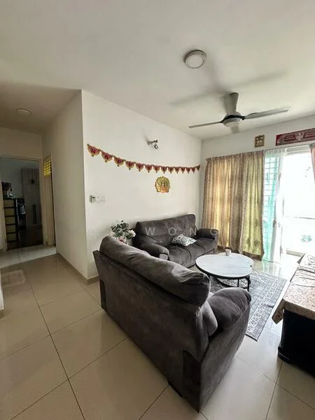 Living features: 3-seater fabric sofa in grey, round coffee table, ceiling fan, floor-to-ceiling windows, curtains with floral pattern, decorative wall hanging, tile flooring, white painted walls; style: modern. Room features: open doorway leading to kitchen, tile flooring, white painted walls.