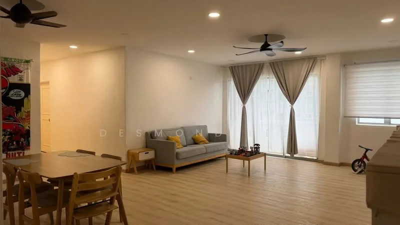 Living features: light wood flooring, white painted walls, recessed downlights, 5-blade ceiling fan, sofa in grey, coffee table, dining table with 6 chairs, floor-to-ceiling windows with sheer curtains, decorative wall art, area rug, bicycle, curtains; style: modern.