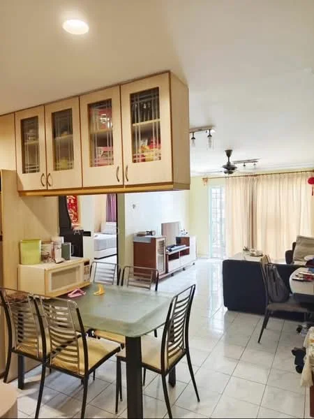 Dining features: dining table with four chairs, microwave on countertop, glass-front upper cabinets, white lower cabinets, tile flooring, recessed ceiling lights, ceiling fan, curtains, open layout to living area; style: modern. Living features: sofa, coffee table, TV console, tile flooring, natural light from windows, decorative items on shelves; style: modern.