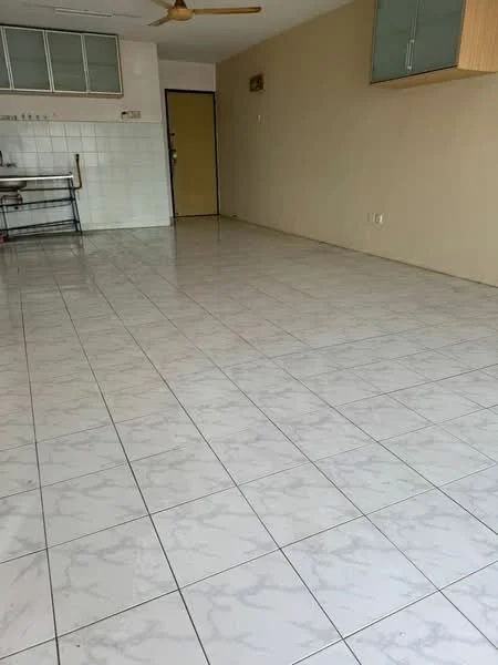 Room features: white walls, cream tiled flooring, ceiling fan, kitchen cabinetry, open layout, large floor area, no visible furniture, neutral color scheme; style: modern.