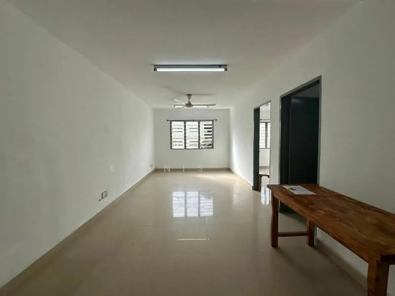 Room features: white painted walls, polished ceramic tile flooring, ceiling fan, window with horizontal slats, wooden table, light fixture on ceiling; style: minimalist.