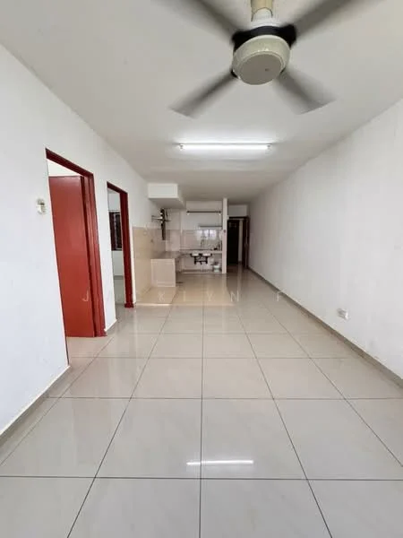 Room features: white painted walls, glossy ceramic tile flooring, ceiling fan, recessed ceiling lights, open layout, doorway leading to kitchen, doorways leading to other rooms, neutral color scheme; style: modern.