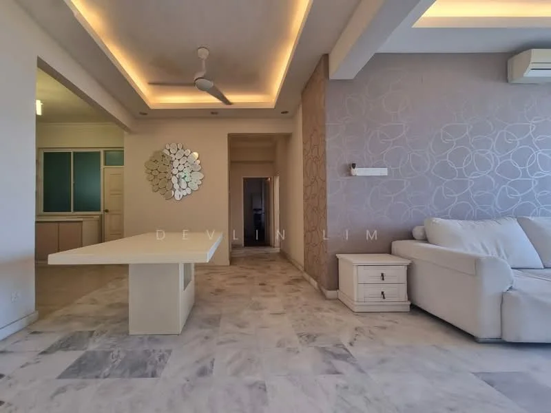Living features: marble flooring, white painted walls, accent wall with geometric pattern, tray ceiling with recessed lighting, 5-blade ceiling fan, large sectional sofa in white, coffee table, side table, decorative wall art, air conditioning unit; style: modern.