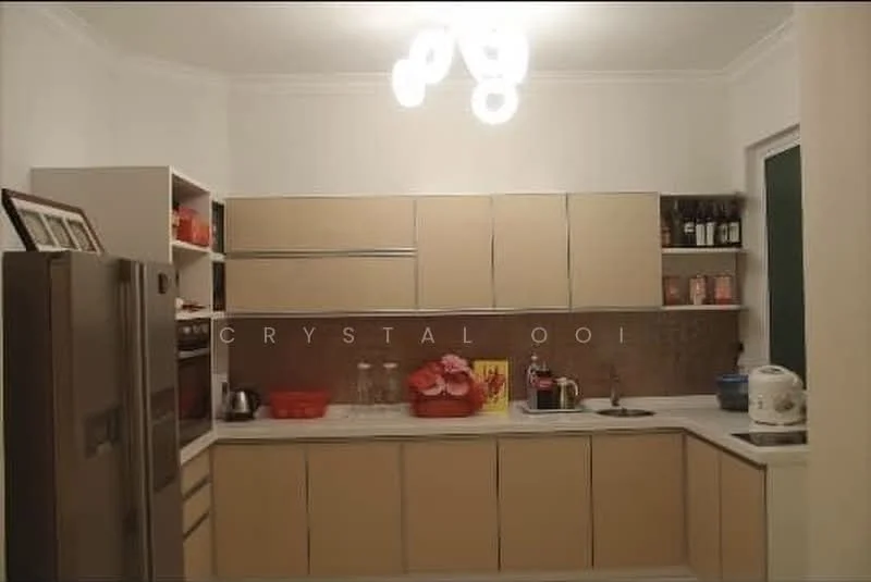 Kitchen features: laminate cabinetry in light wood finish, white countertop, stainless-steel fridge, built-in oven, double-bowl stainless-steel sink, chrome pull-down faucet, ceramic tile backsplash, recessed downlights, open shelving, microwave, kettle, decorative fruit bowl; style: modern.