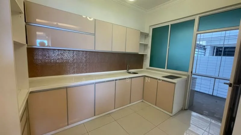 Kitchen features: light beige cabinetry, white countertop, single-bowl stainless-steel sink, chrome faucet, glass panel backsplash in brown, built-in shelving, sliding glass door, tile flooring, recessed lighting, large window with green glass panel, open layout, neutral wall color; style: modern.