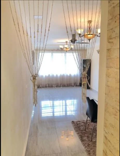 Room features: marble flooring, white painted walls, chandelier, recessed downlights, sheer curtains, decorative curtain strings, area rug, black dining chair; style: modern.