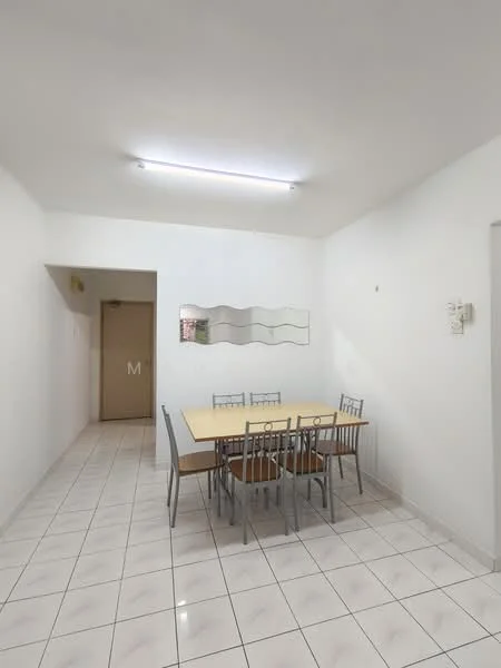 Dining features: white painted walls, white ceiling, tile flooring, 6-seater dining table, metal dining chairs, mirror wall decor, fluorescent ceiling light, doorway leading to hallway; style: modern. Room features: tile flooring, white painted walls, doorway leading to another room.