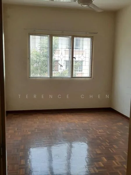 Room features: wooden flooring, white painted walls, ceiling fan, large windows, window with security grille, natural light, neutral color scheme.