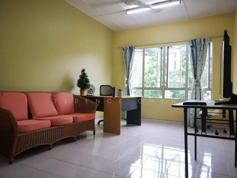 Living features: pink fabric sofa, wicker frame, white tiled flooring, yellow painted walls, large windows, curtains with floral pattern, desk with chair, computer monitor, decorative plant, ceiling fan; style: modern; view: garden.