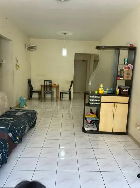 Living features: white painted walls, glossy white tile flooring, 5-blade ceiling fan with light, sofa with patterned throw, coffee table, TV console, wall-mounted TV, decorative shelving unit, dining table with four chairs, open layout, air conditioning unit; style: modern.