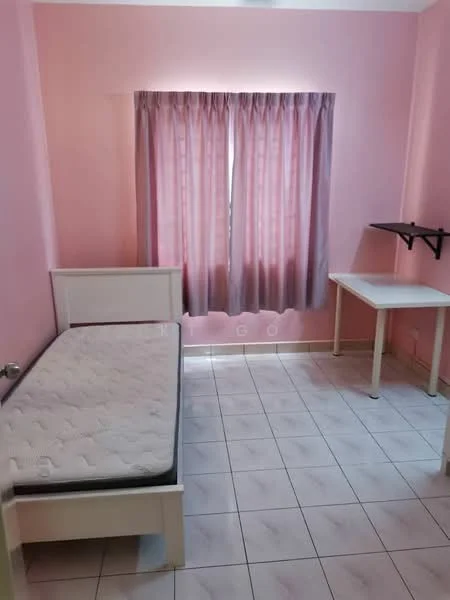 Bedroom features: pink painted walls, white ceiling, single bed frame, mattress on bed frame, curtains in grey, tile flooring, desk with white surface, wall-mounted shelf.