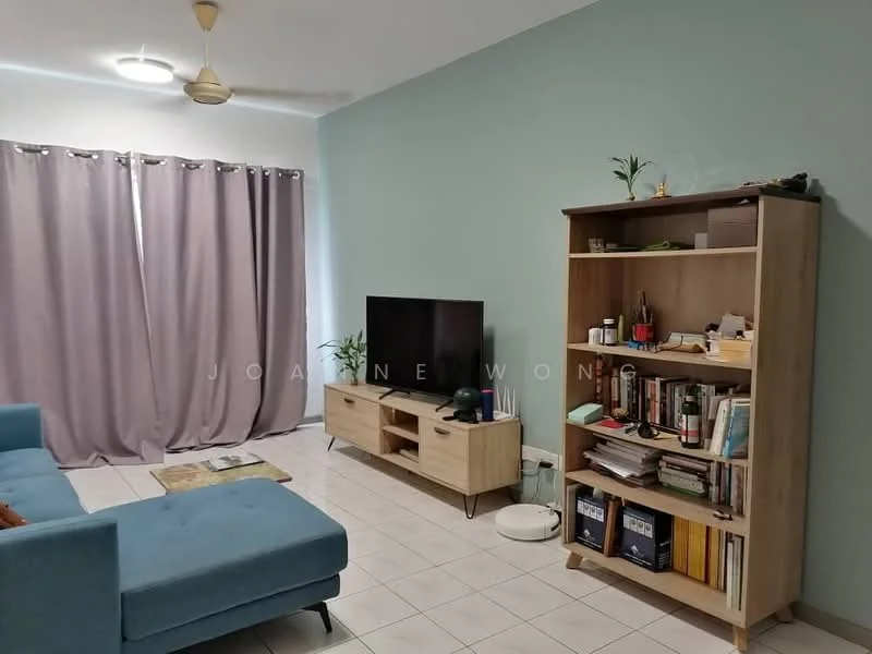 Living features: blue fabric sofa, light wood TV console, wall-mounted TV, bookshelf with open shelving, grey curtains, white tiled flooring, ceiling fan with light, decorative items on shelves, area rug, wall with light blue paint; style: modern.