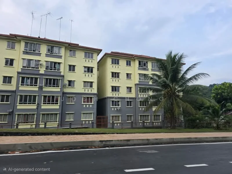 Exterior type: low-rise apartment block; features: yellow painted facade, grey painted facade, flat roof, multiple storeys, balconies with railings, palm trees in front, sidewalk, roadside view, aerial antennas on roof; style: modern.