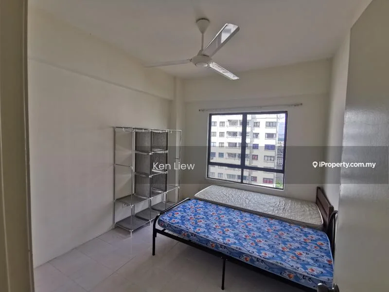 Bedroom features: white painted walls, tile flooring, 5-blade ceiling fan, floor-to-ceiling window, window with city view, metal bed frame, mattress on bed frame, open shelving unit; view: city.