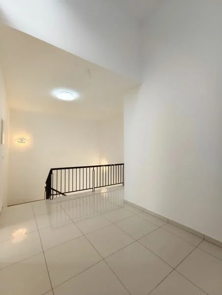 Room features: white painted walls, glossy tile flooring, recessed ceiling light, black metal railing, open space, neutral color scheme; style: modern.