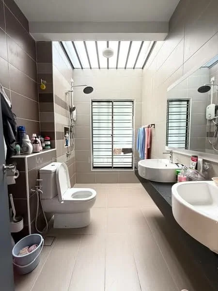 Bathroom features: single-sink vanity with wall-mounted cabinet, white ceramic sink, chrome basin mixer faucet, large wall mirror, one-piece toilet, handheld shower, rain shower head, tile cladding on walls, light-colored tile flooring, skylight for natural light, window with metal grilles, towel rack, storage basket; style: modern.
