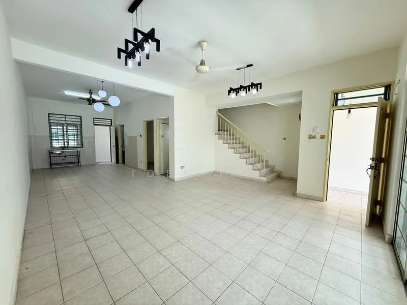 Living features: white painted walls, tile flooring, 5-blade ceiling fan, 3 pendant lights, staircase leading to upper floor, large windows for natural light, open layout, door leading to outdoor area; style: modern. Dining features: white painted walls, tile flooring, large windows for natural light, open layout, door leading to outdoor area; style: modern.