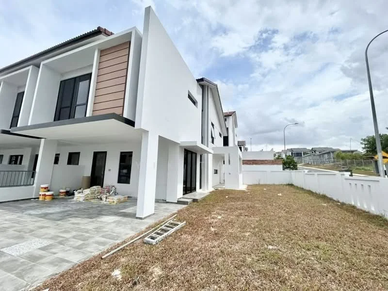 Exterior type: semi-detached house; features: white painted facade, brown accent panels, flat roof, approximately 2-storey, manicured lawn, paved walkway, surrounded by greenery, driveway, large windows, front porch; style: modern.