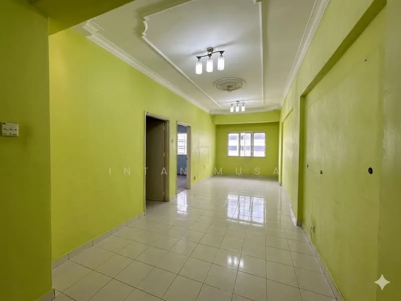 Room features: lime green painted walls, white ceiling with crown moulding, 4-bulb ceiling light fixture, glossy white tile flooring, two windows with no visible treatments, doorway leading to another room, doorway leading to kitchen, corner wall with no visible features; style: modern.