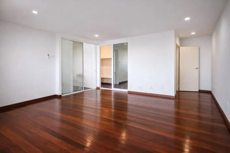 Room features: white painted walls, dark wood flooring, recessed downlights, glass sliding doors, plain ceiling, neutral color scheme, open layout, large windows, no visible furniture; style: modern.