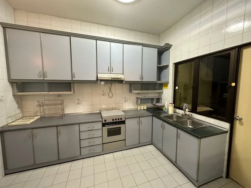 Kitchen features: grey cabinetry, stainless-steel built-in oven, 4-burner gas hob, double-bowl stainless-steel sink, chrome pull-down faucet, green granite countertop, white tiled backsplash, white tiled flooring, wall-mounted range hood, window with black frame, kitchen shelving, light fixture on ceiling.