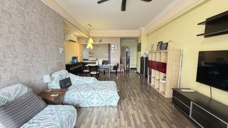 Living features: light grey accent wall, cream painted walls, laminate flooring, 5-blade ceiling fan, wall-mounted TV, black TV console, red storage cabinets, two bean bag chairs, coffee table, dining table with chairs, recessed lighting, air conditioning unit; style: modern.