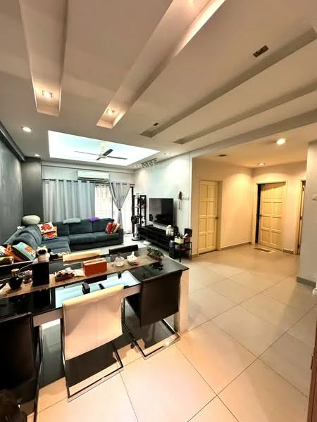 Living features: grey fabric sofa, coffee table, wall-mounted TV, ceiling with recessed lighting, skylight, light-coloured walls, tile flooring, decorative cushions, curtains, ceiling fan; style: modern. Dining features: black dining table, white dining chairs, decorative items on table, open layout to living area; style: modern. Hallway features: light-coloured walls, tile flooring, multiple doors, recessed lighting.