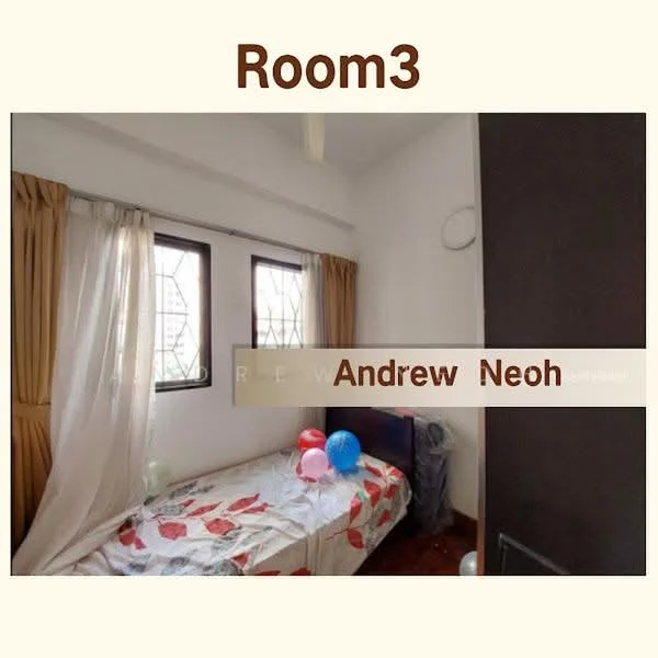 Bedroom features: single bed, bedding with floral pattern, two windows with metal grilles, curtains in beige, wooden flooring, decorative balloons, wall-mounted light fixture, corner bedside table.