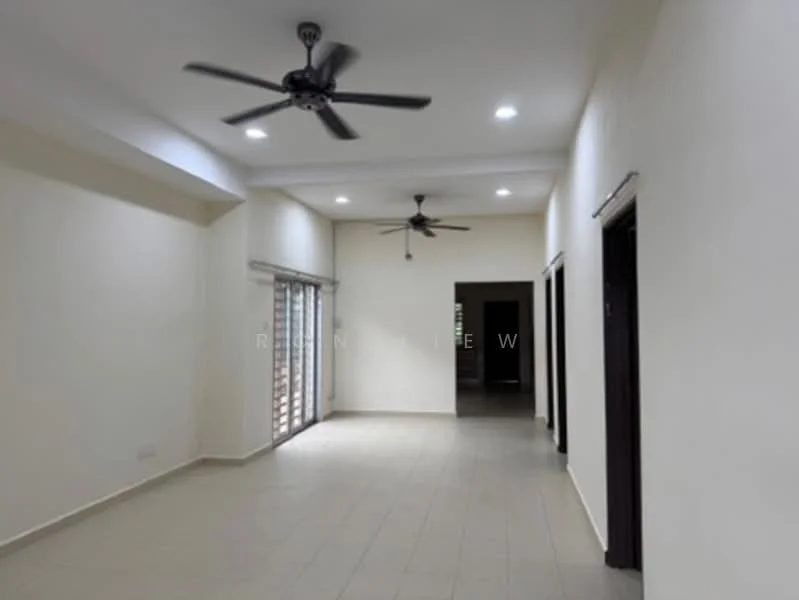 Room features: white painted walls, tile flooring, 2 ceiling fans, recessed LED downlights, sliding glass door, door frames, open layout, natural light from windows; style: modern.