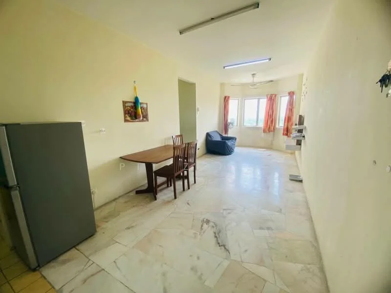 Living features: marble flooring, cream painted walls, large window with city view, dining table with two chairs, blue bean bag chair, refrigerator, ceiling light, wall-mounted shelf; view: city.