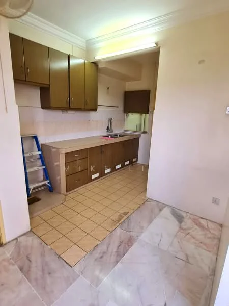 Kitchen features: brown wooden cabinets, white tiled backsplash, single-bowl stainless-steel sink, chrome pull-down faucet, countertop with storage drawers, ceramic tile flooring, marble flooring, window above sink, ceiling light fixture, step ladder, kitchen appliances not visible.