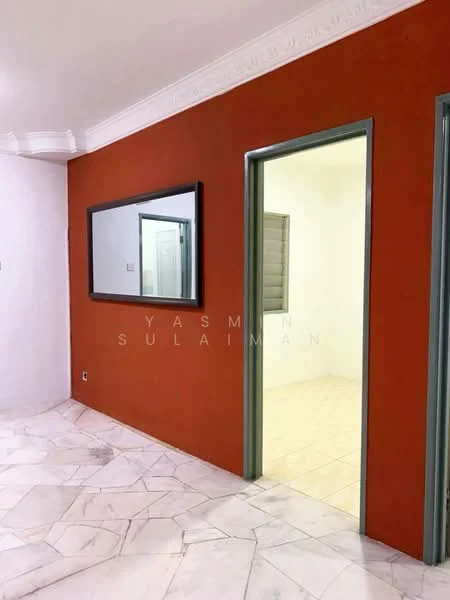 Room features: red accent wall, white painted walls, marble flooring, mirror on wall, doorway to another room, window with shutters, crown moulding on ceiling, light switch on wall; style: modern.