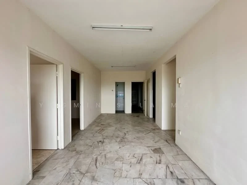 Room features: white painted walls, marble flooring, ceiling lights, multiple doorways, open layout, neutral color scheme.