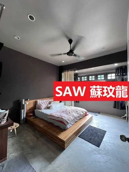 Bedroom features: king-size bed with wooden frame, striped bedding, ceiling fan, dark accent wall, light grey flooring, large windows with sheer curtains, wooden bedside table, area rug, decorative pillows; style: modern.
