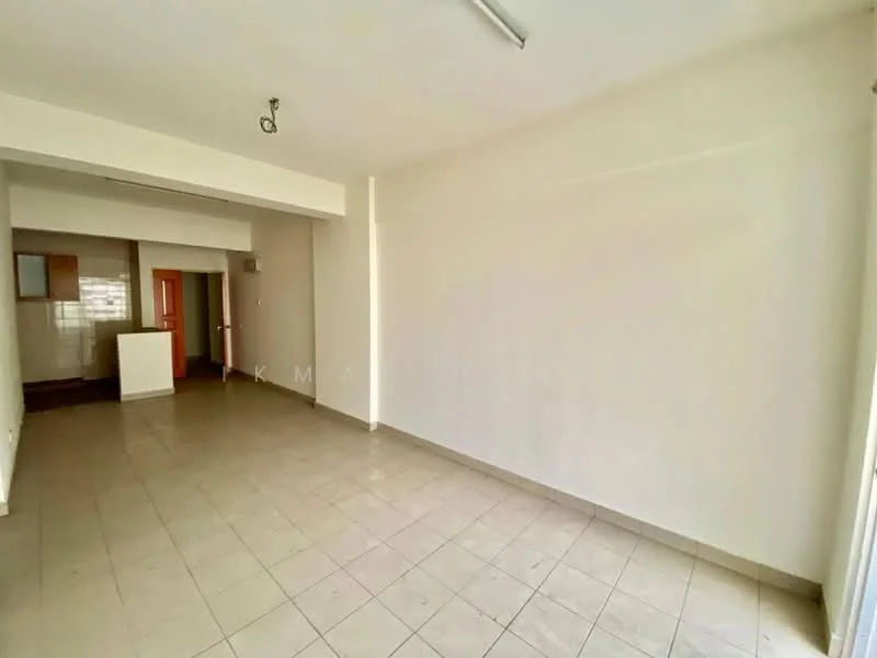 Room features: white painted walls, tile flooring, ceiling lights, open layout, large windows, neutral color scheme, no visible furniture, empty space; style: minimalist.