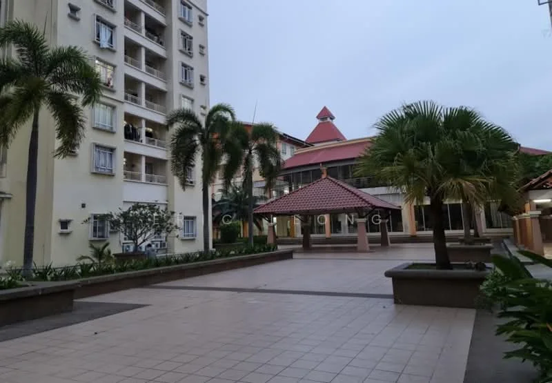 Exterior type: low-rise apartment block; features: paved courtyard, manicured landscaping, palm trees, covered pavilion with red tiled roof, multiple-storey residential building, balconies on upper floors, greenery along pathways; style: modern.