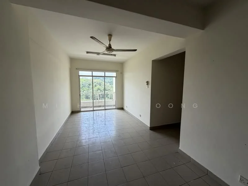 Living features: white painted walls, grey tiled flooring, 5-blade ceiling fan, floor-to-ceiling sliding glass door, balcony access, natural light from large window, neutral decor, open layout; view: garden.