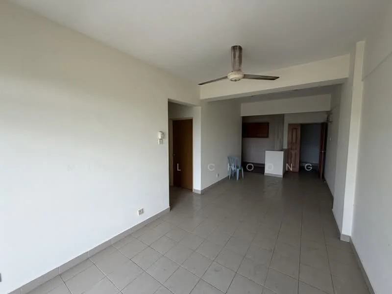 Living features: white painted walls, tile flooring, 5-blade ceiling fan, doorway to adjacent room, window with natural light, open layout to kitchen area, neutral color scheme, no visible furniture; style: minimalist.
