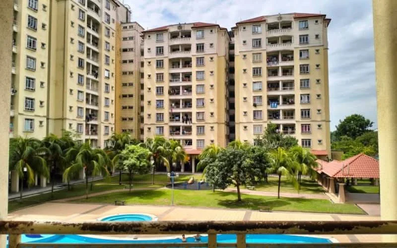 Exterior type: mid-rise condominium; features: cream painted facade, balconies on each unit, landscaped garden with palm trees, swimming pool, children's playground, paved walkway, gazebo, manicured lawn; style: modern.