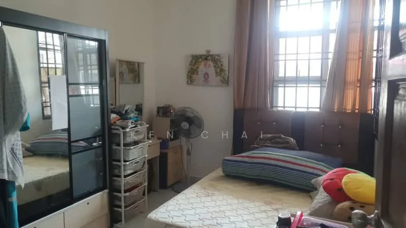 Bedroom features: queen-size bed, upholstered headboard, bedside pillow, wall-mounted mirror, sliding wardrobe, white painted walls, curtains, ceiling fan, decorative wall art, storage drawers, colorful plush toy.
