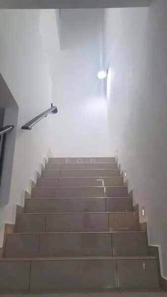 Room features: white painted walls, staircase with tiled steps, recessed lighting, handrail, light fixture on ceiling, step lighting; style: modern.