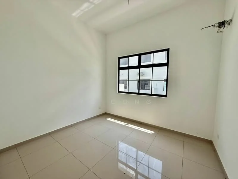 Room features: white painted walls, glossy ceramic tile flooring, large window with black frame, natural light from window, no visible furniture, minimalist decor, high ceiling, electrical outlet on wall; style: minimalist.