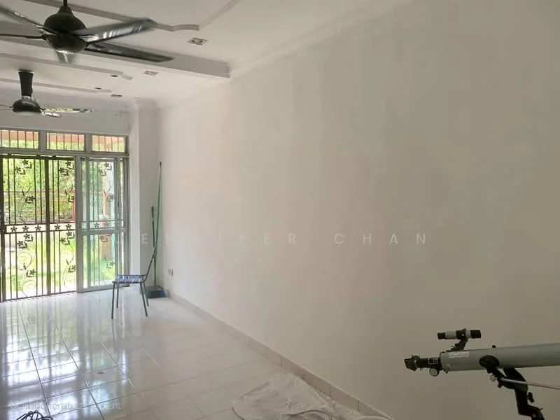 Room features: white painted walls, ceiling with recessed lighting, 2 ceiling fans, tiled flooring, large windows with metal grille, greenery view outside, empty space, no visible furniture; style: minimalist; view: garden.