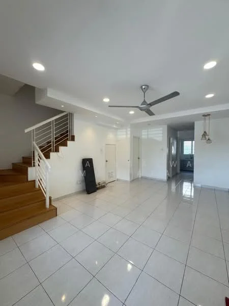 Living features: white painted walls, glossy ceramic tile flooring, 5-blade ceiling fan with light, recessed downlights, staircase with wooden steps, open layout, large windows for natural light, door leading to another room; style: modern.